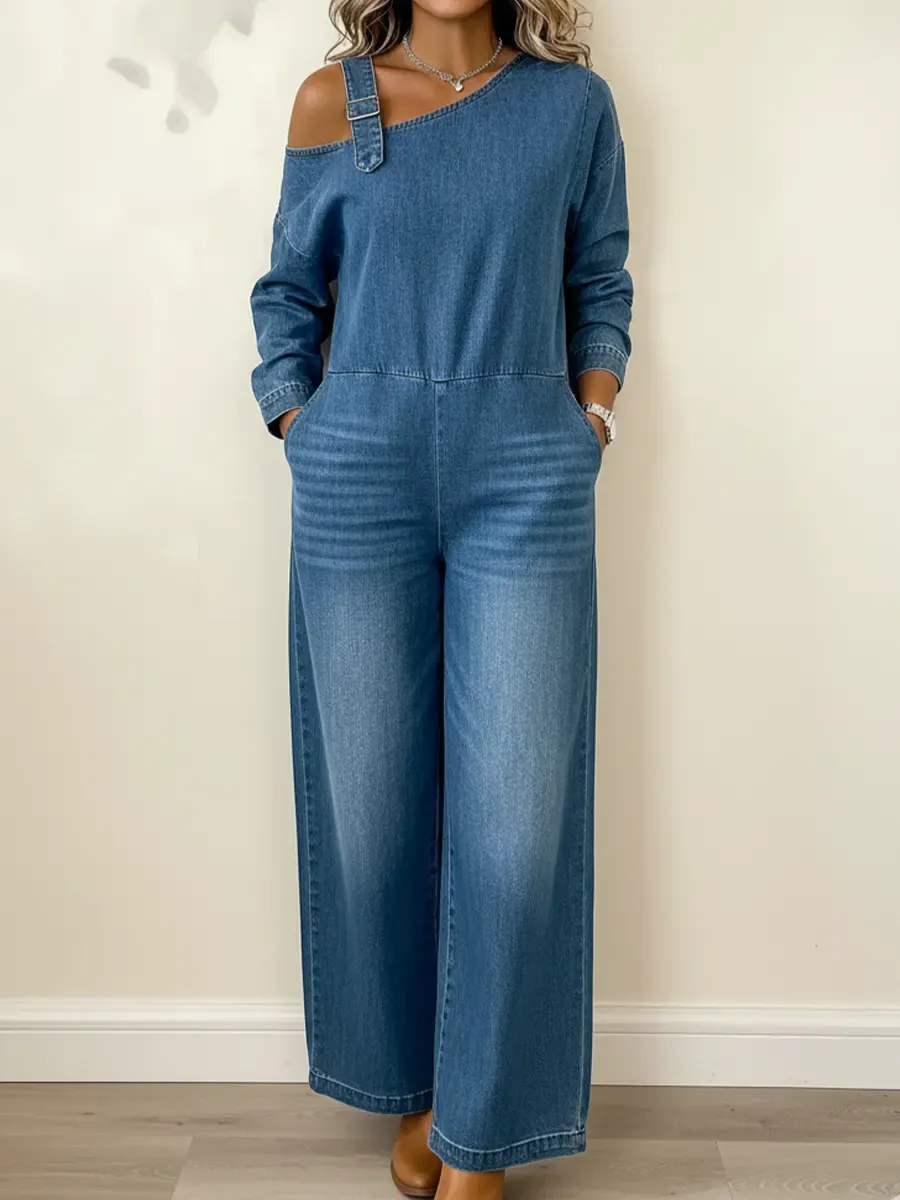 Off-the-shoulder Denim Jumpsuit