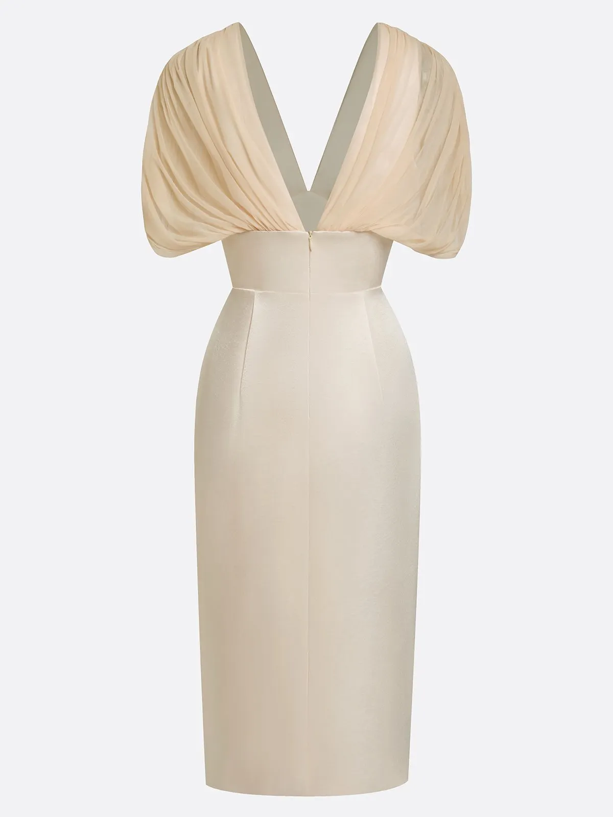 Champagne Ruched Satin V-Neck Short-Sleeve Raglan Sleeves Sheath Midi Dress