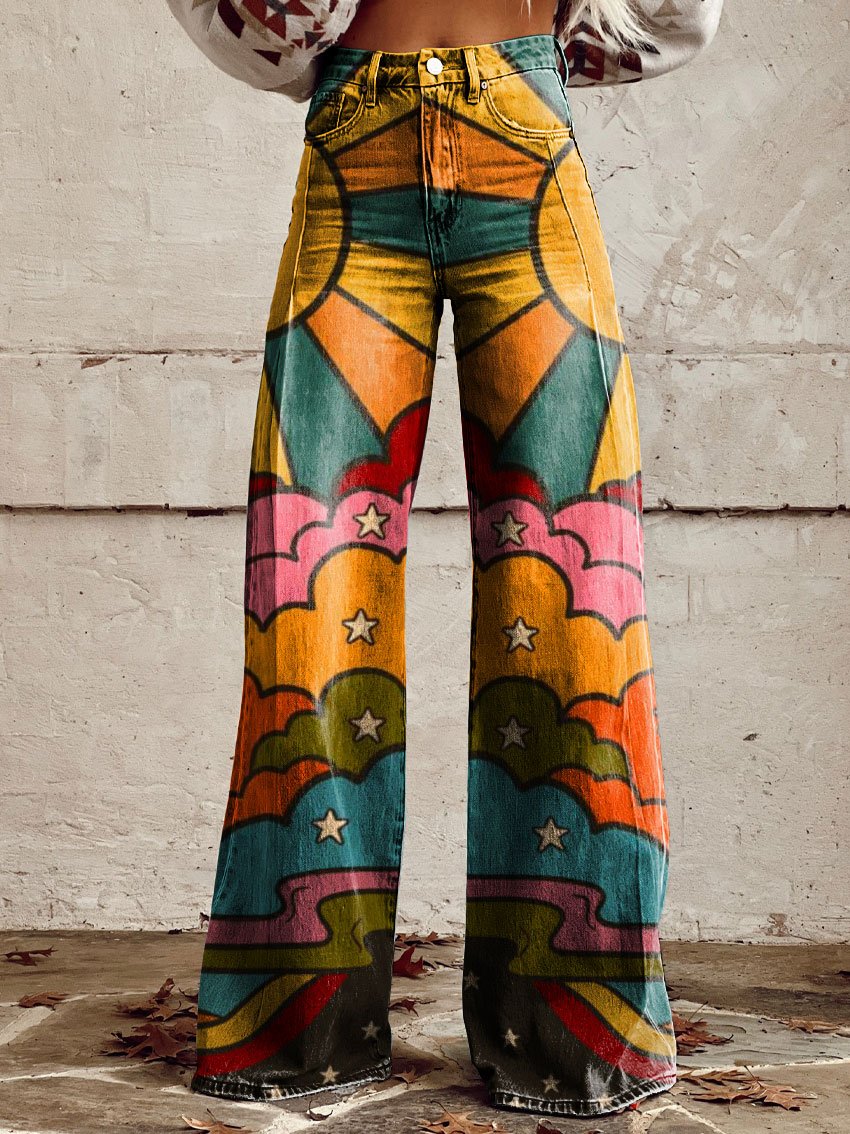 Vintage Print Casual Wide-Leg Pants