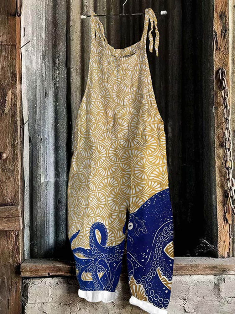 Retro Japanese Style Octopus Art Print Linen Loose Casual Jumpsuit