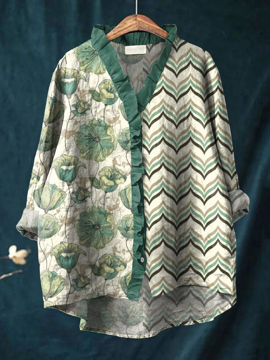 Vintage Botanical Art Print Casual Cotton & Linen Ruffle Shirt