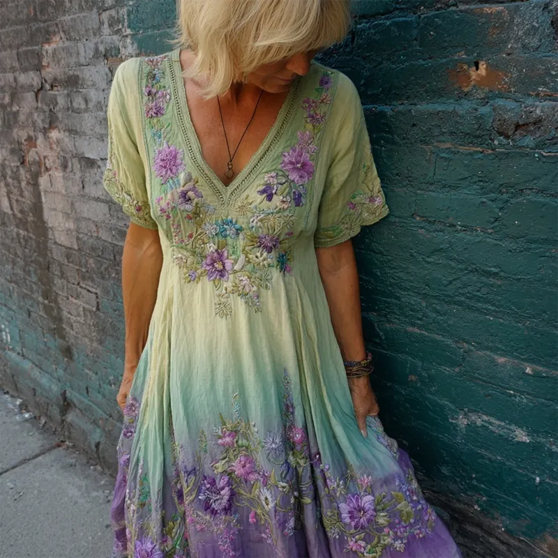 Purple Floral Embroidered Gradient Flowy Linen Maxi Dress