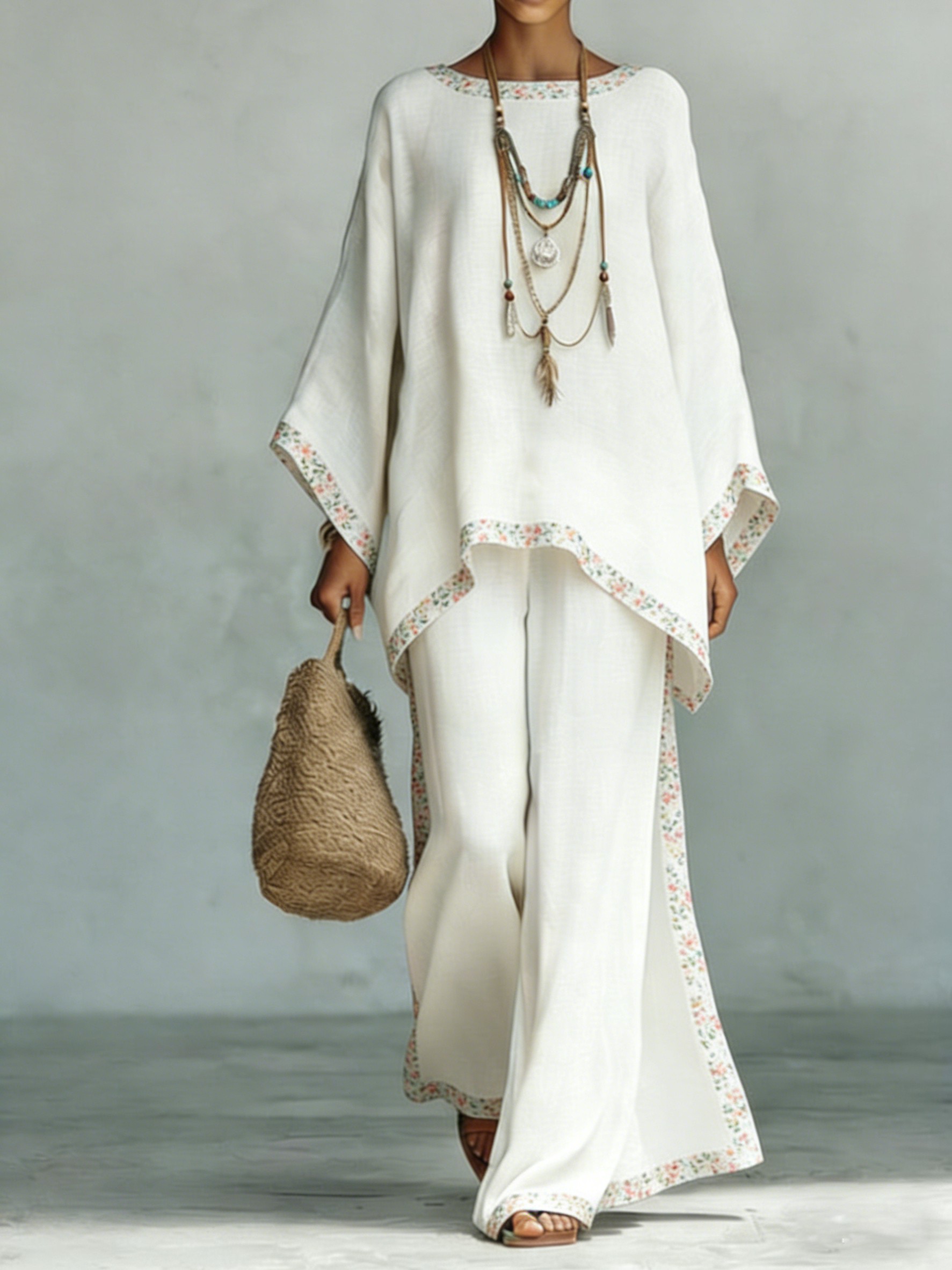 Comfortable & loose print pattern cotton & linen wide-leg pants two-piece set