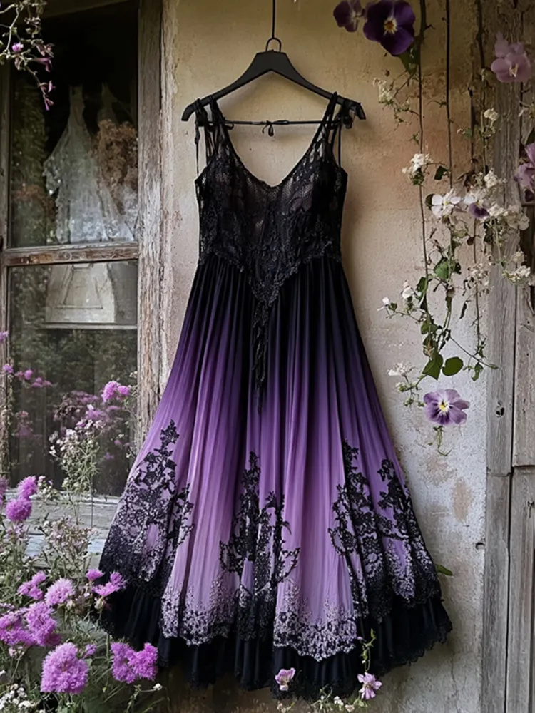 Vintage Gradient Embroidered Lace Patchwork Art Dress