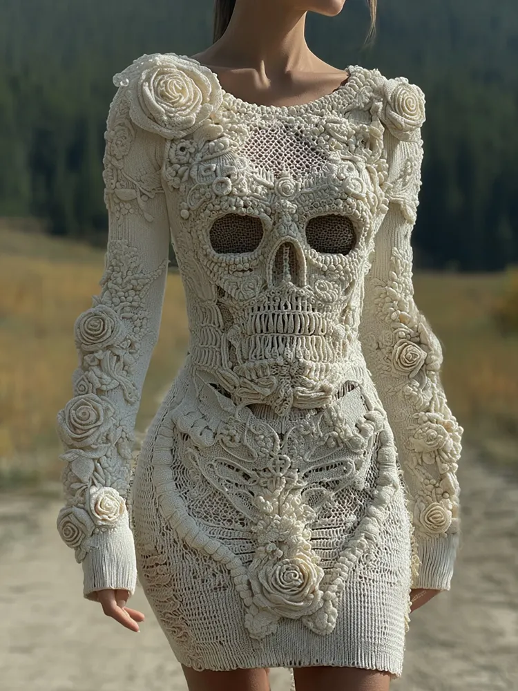 Women's Vintage Halloween Skull With Rose Art Cozy Knit Mini Sweater Dress
