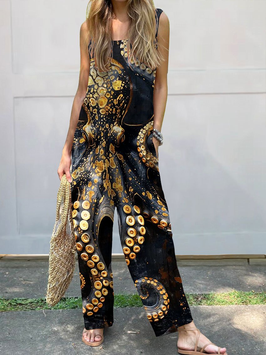 Vintage Octopus Art Print Casual Wide-Leg Jumpsuit