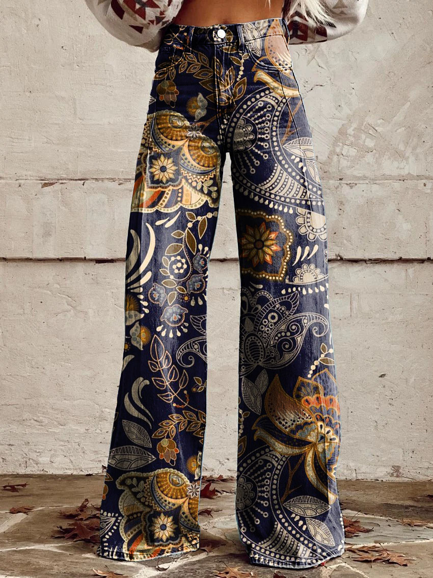 Vintage Paisley Print Casual Wide-Leg Pants