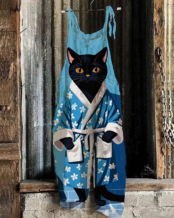 Black Cat Bathrobe Print Casual Jumpsuit