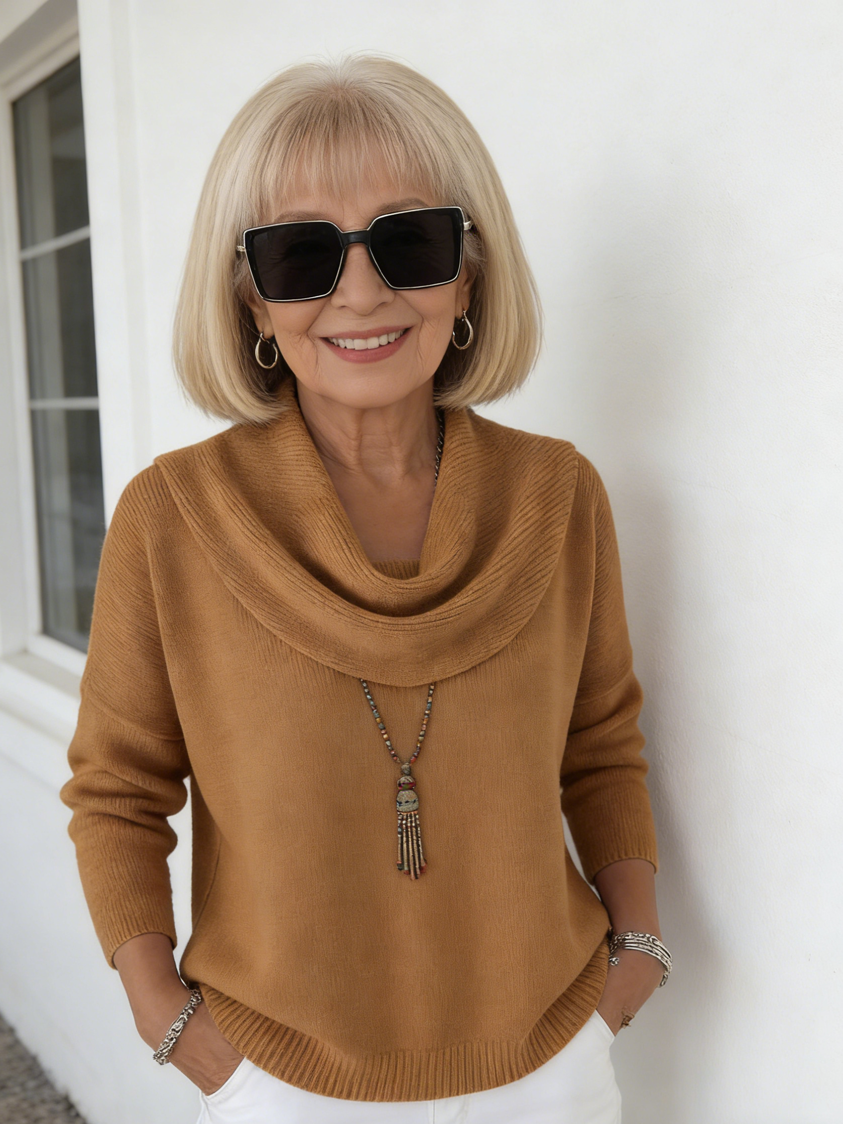 Ivory Cowl-Neck Knit Sweater