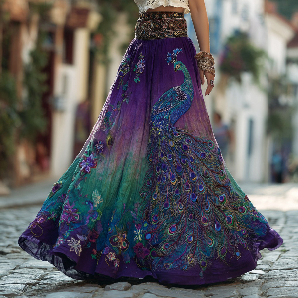 Retro Floral With Peacock Art Linen Blend Casual Maxi Skirt