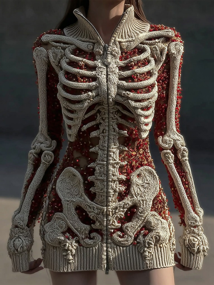 Women's Vintage Skull Sequin Art Cozy Zipper Sweater Cardigan