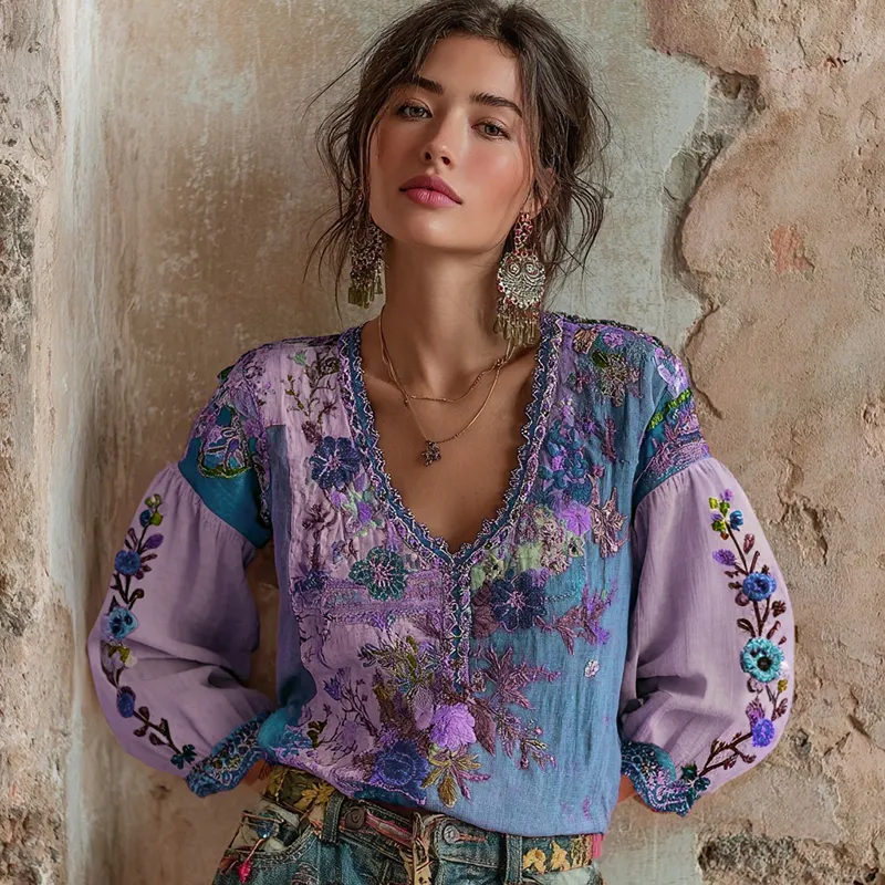 Women's Bohemian Floral Embroidery Art V-neck Contrast Color Long Sleeve Linen Blend T-shirt