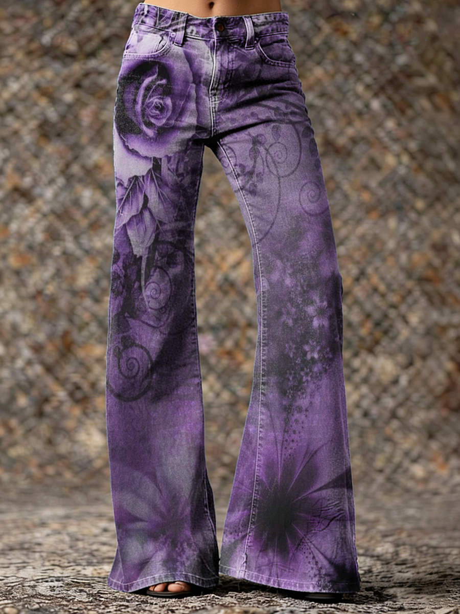 Vintage Purple Floral Hippie Art Prints Casual Flared Pants