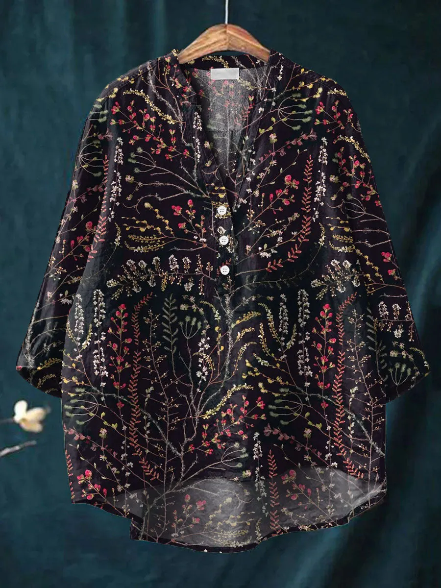 Vintage Flower Art Print Casual Cotton & Linen Shirt