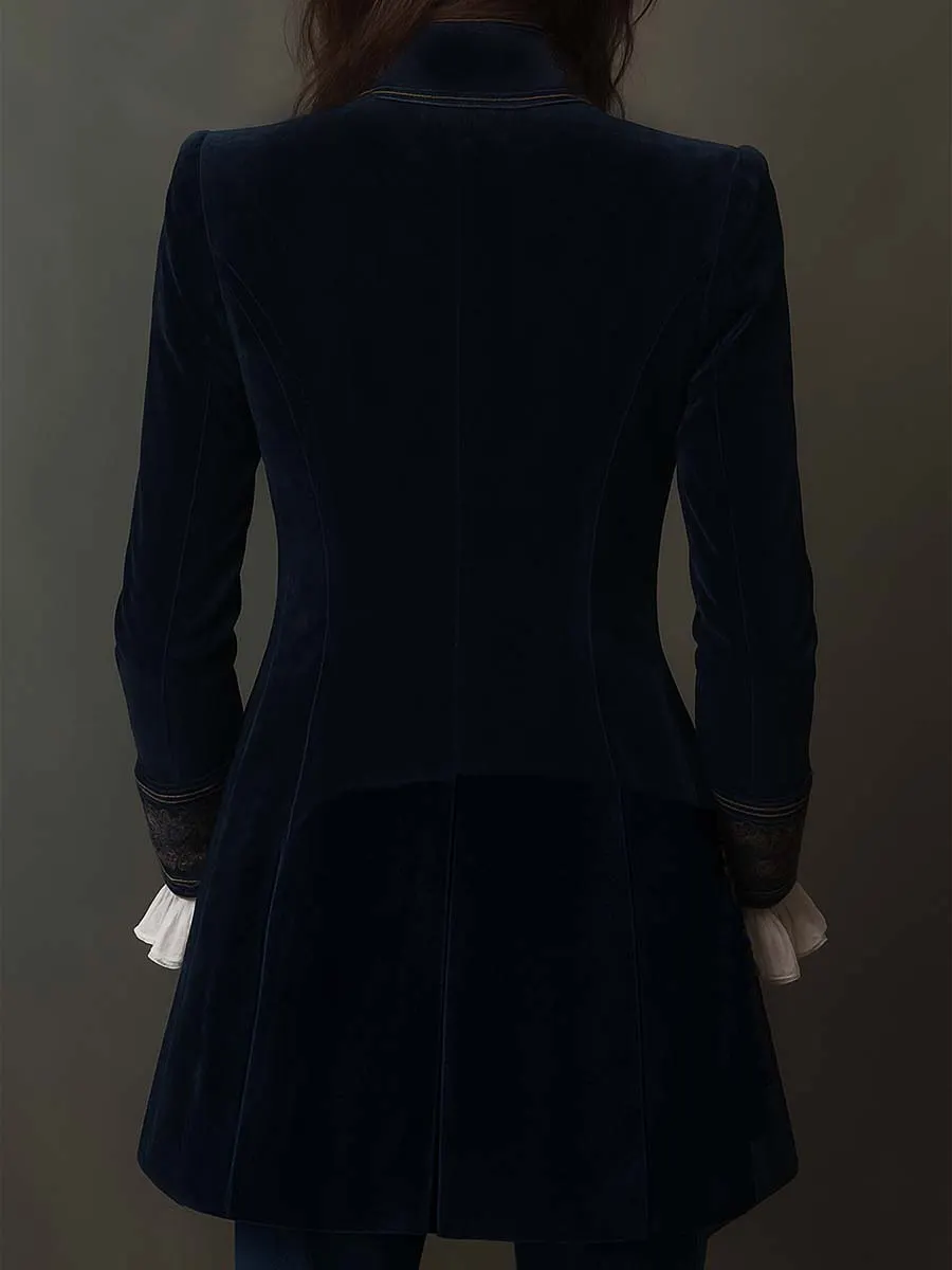 Vintage Navy Polyester Velvet Embroidered Long Jacket