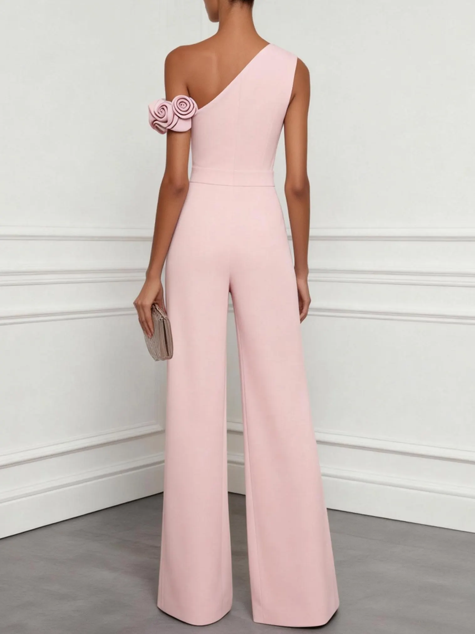Pink 3D Floral One-Shoulder Sleeveless Dressy Jumpsuit