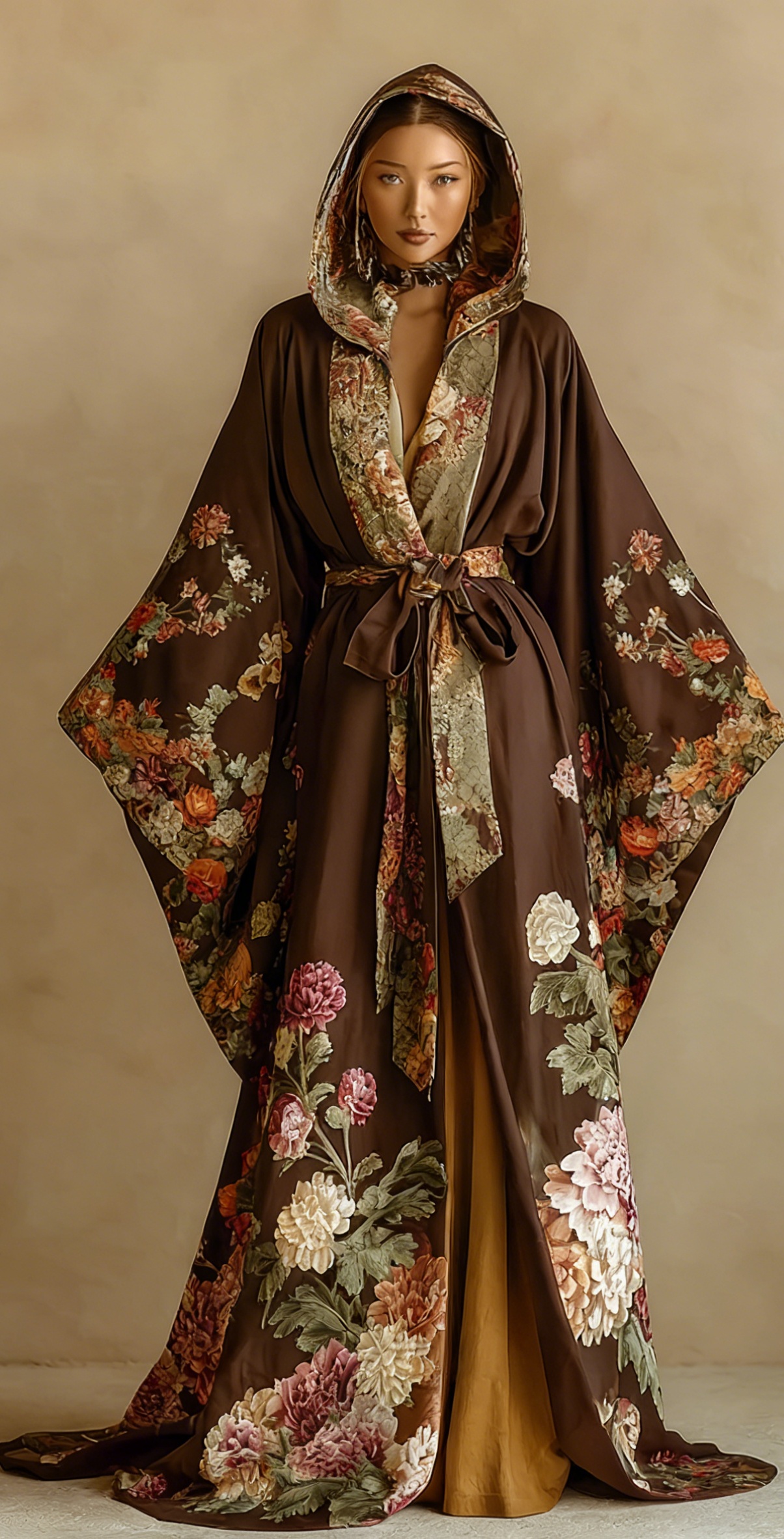 Women's Vintage Gorgeous Slim Floral Print Hooded Robe (belt Included)