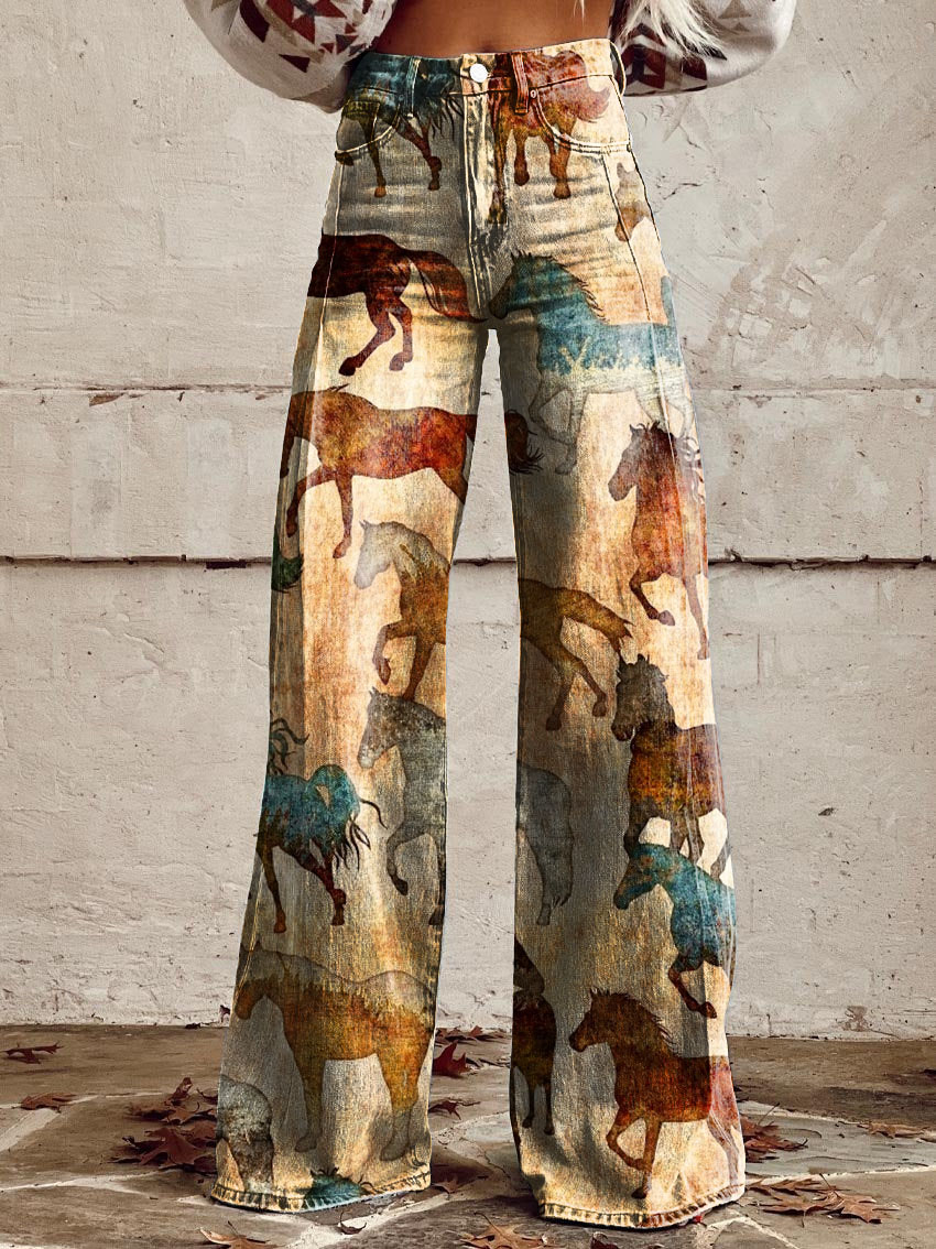 Retro Horse Print Casual Wide-Leg Pants