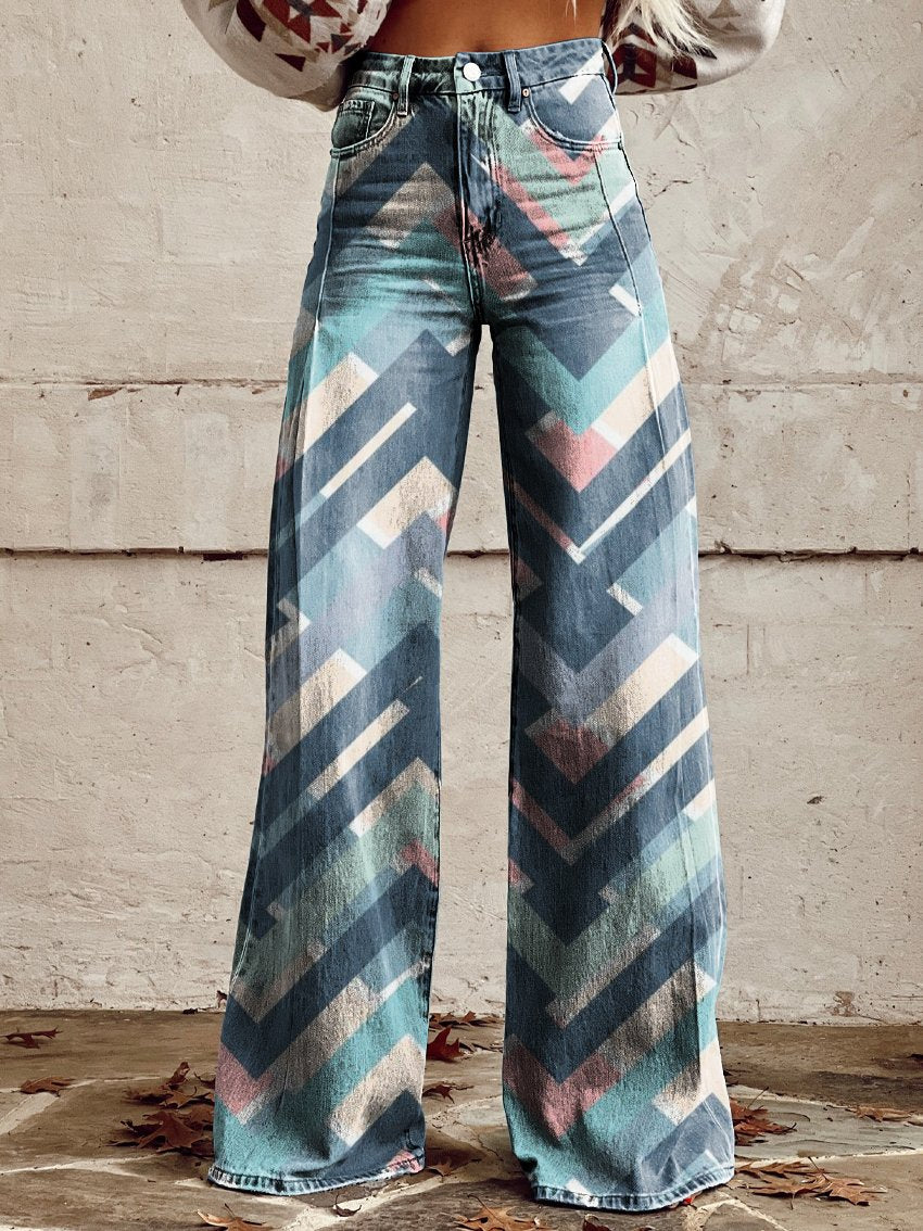 Vintage Print Casual Wide-Leg Pants