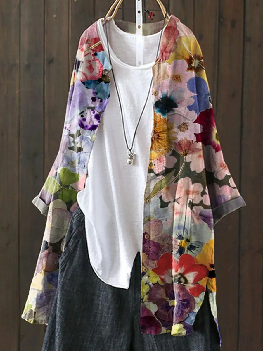 Vintage Lovely Floral Art Print Loose Casual Top Jacket