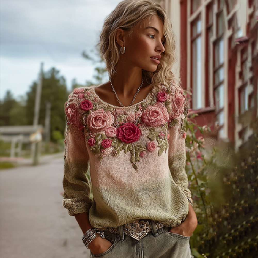 Women's Bohemian Style Spring Rose Gradient Color V-neck Long Sleeve Top