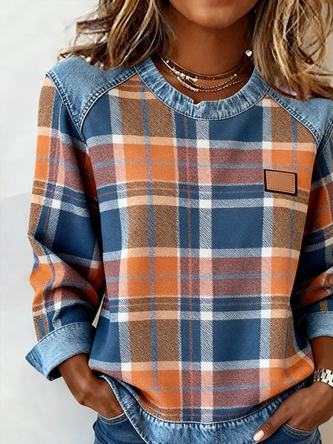 Casual Round Neck Denim Patchwork Plaid Print Pullover Sweatshirt