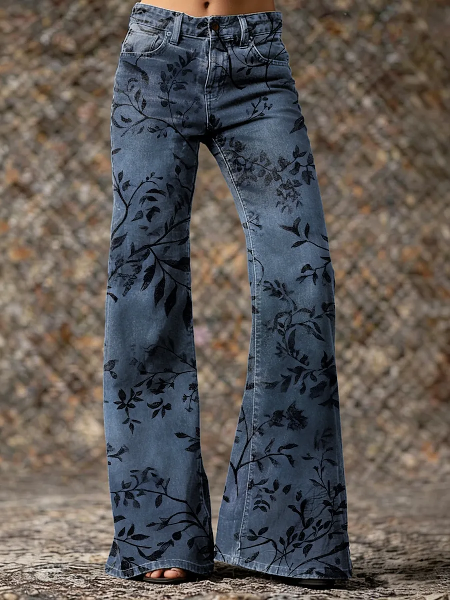 Vintage Blue Gray Floral Art Print Casual Slim Denim Wide Leg Pants