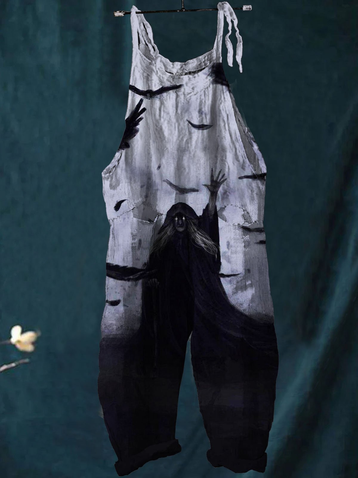 Vintage Halloween Witch Raven Art Print Casual Wide-Leg Jumpsuit