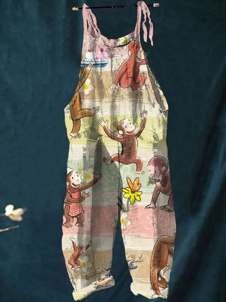 Vintage Lovely Monkey Art Print Casual Wide-Leg Jumpsuit