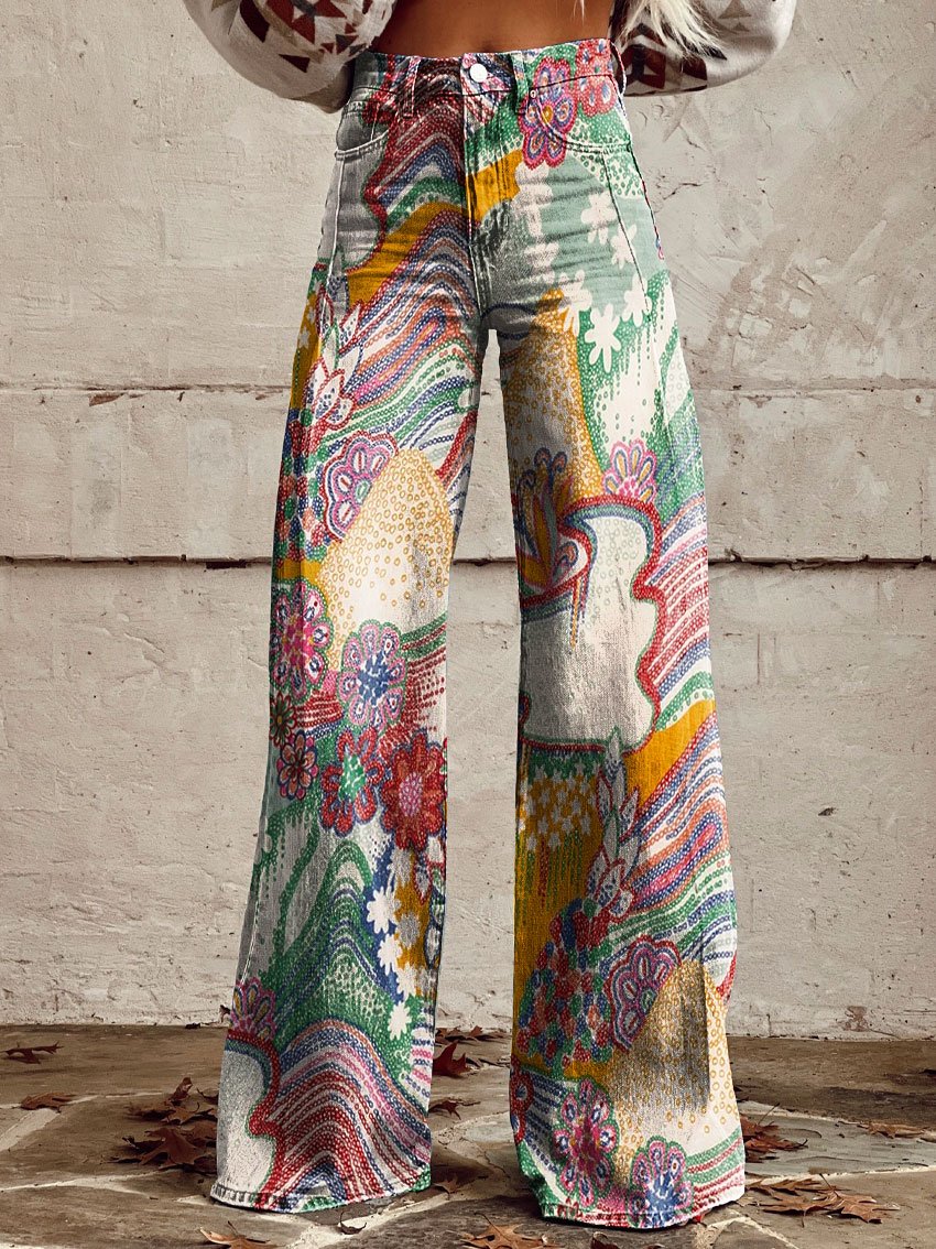 Vintage Print Casual Wide-Leg Pants