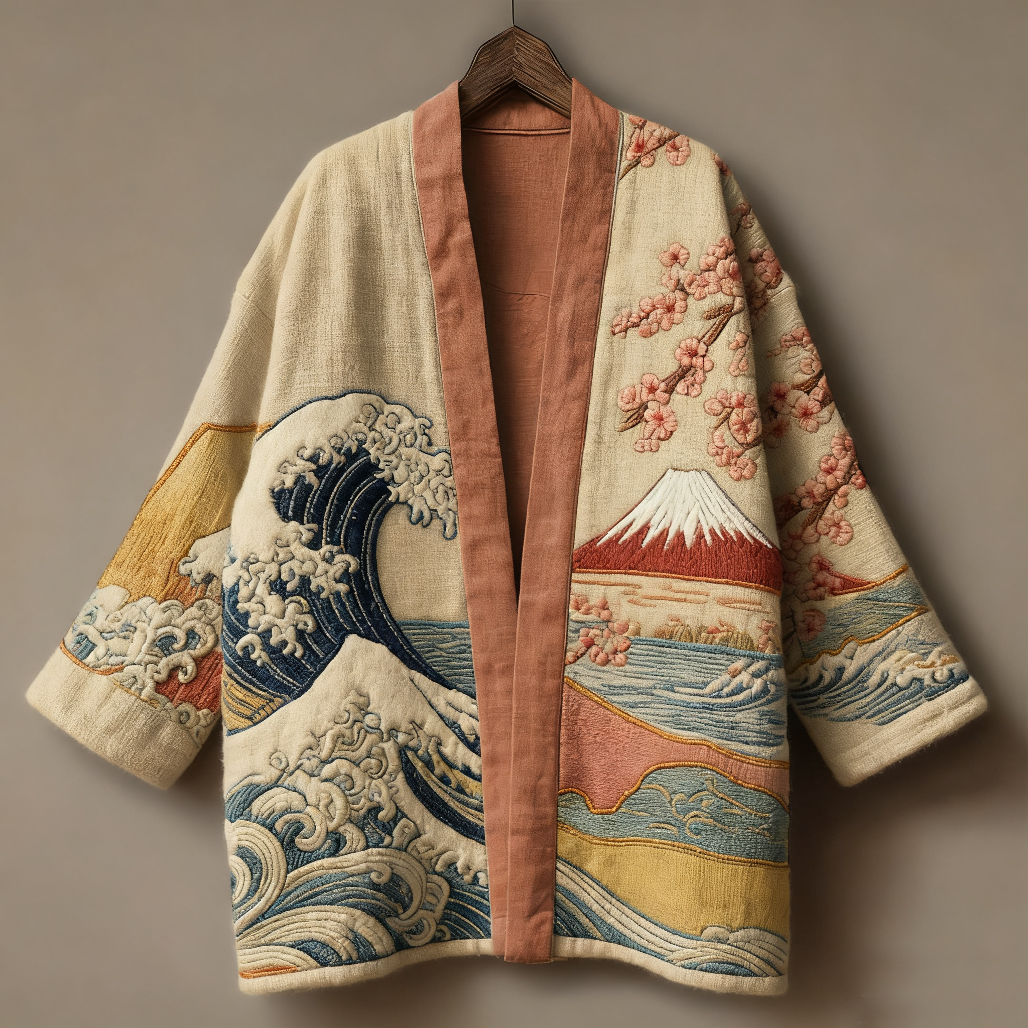 Japanese art ukiyo-e three-dimensional embroidered linen kimono cardigan