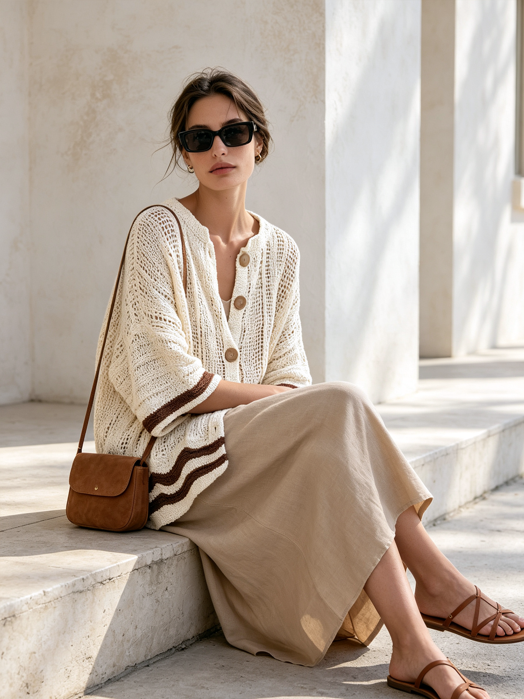 Beige Open Knit Wave Striped Half Sleeve Knit Cardigan