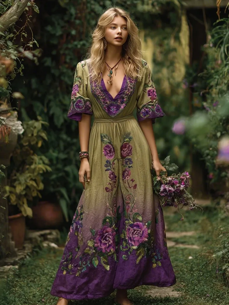 Vintage Gradient Purple Floral Embroidered V Neck Blend Maxi Dress