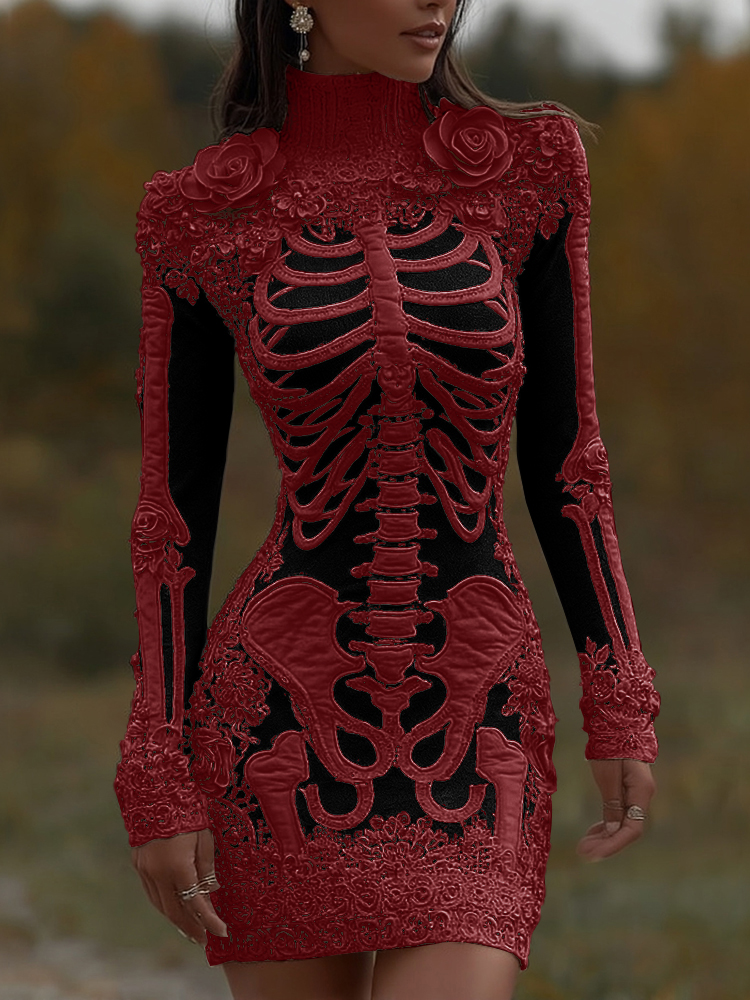 Women's Halloween Skeleton Bones With Rose Art Cozy Knit Turtleneck Mini Sweater Dress