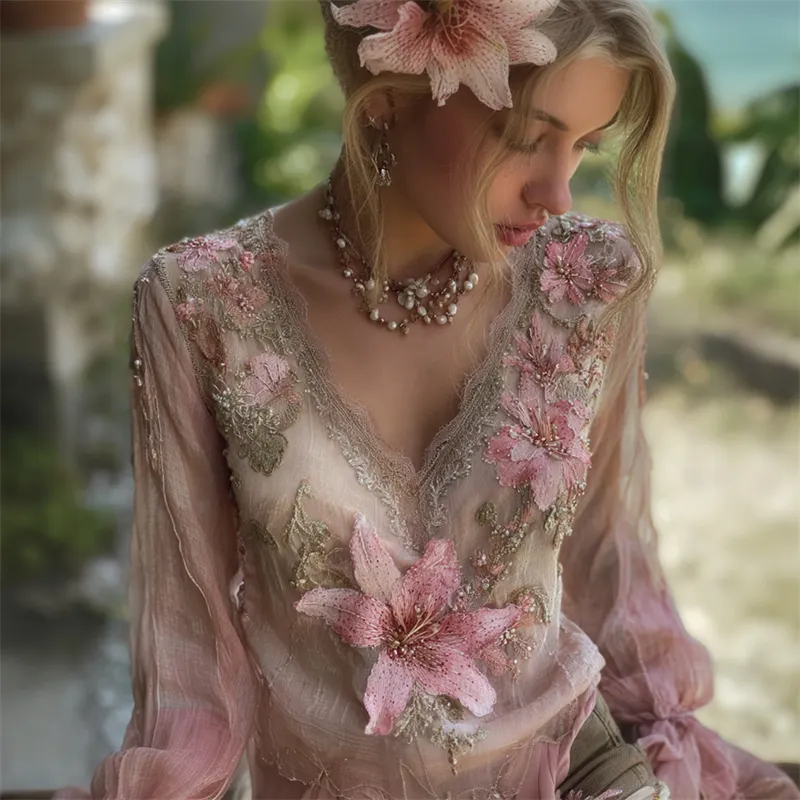 Boho Pink Lily Floral Lace V Neck Tunic