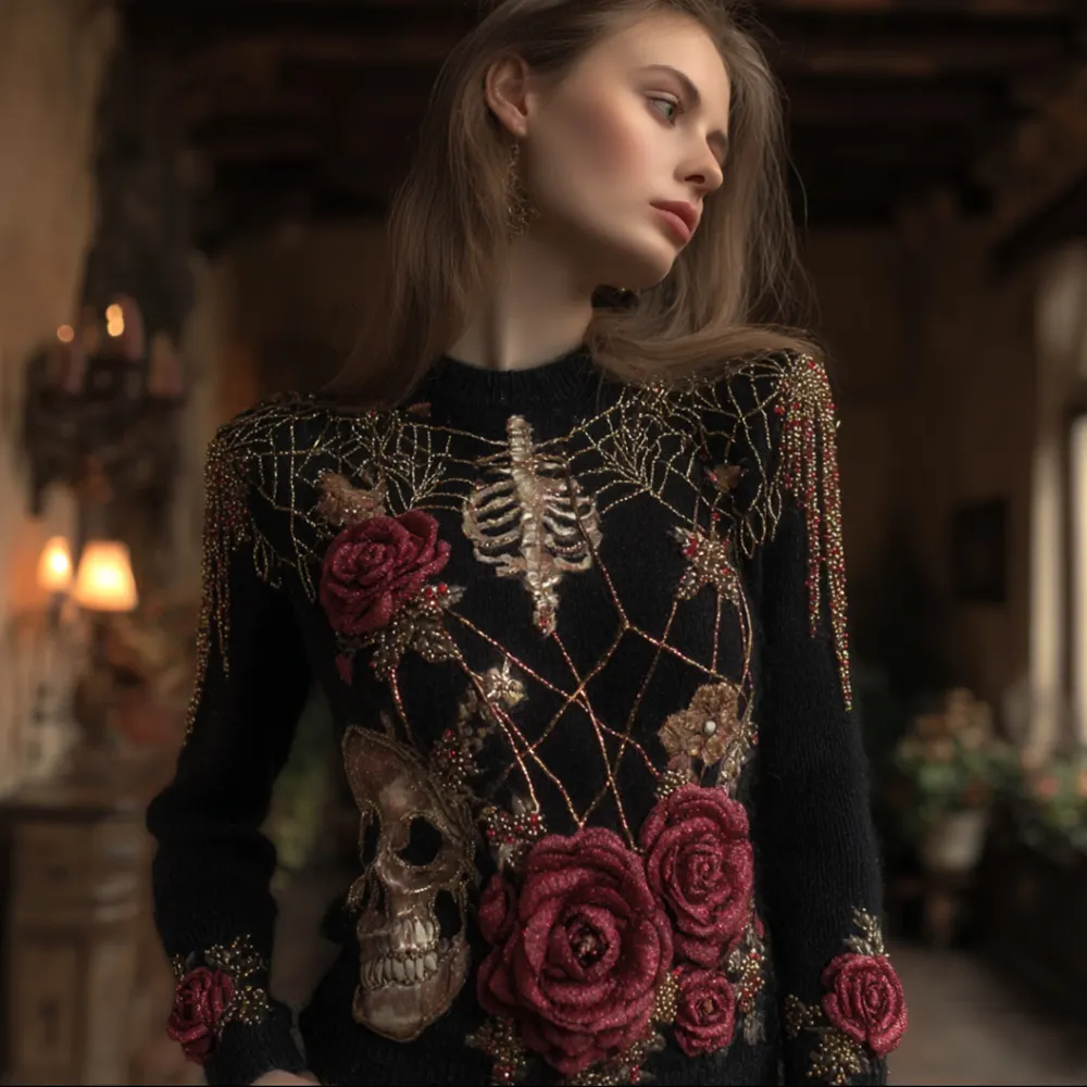 Women's Halloween Embroidered Spider Web Rose Round Neck Sweater