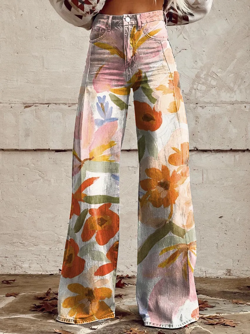 Floral Print Casual Wide-Leg Pants