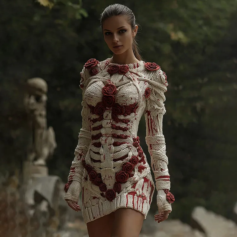 Women's Halloween Muscle Anatomy Bandage With Rose Art Cozy Knit Mini Sweater Dress
