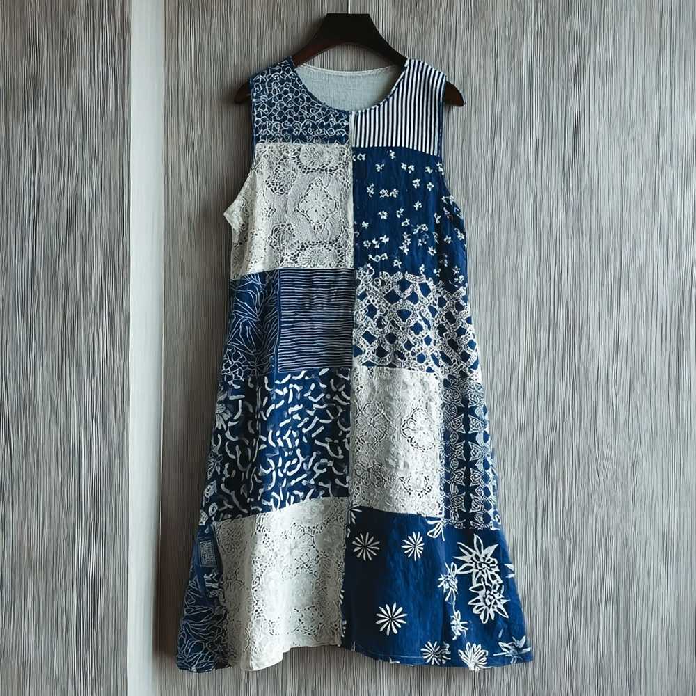 Vintage Japanese Inspired Lace Patchwork Linen Midi Dress