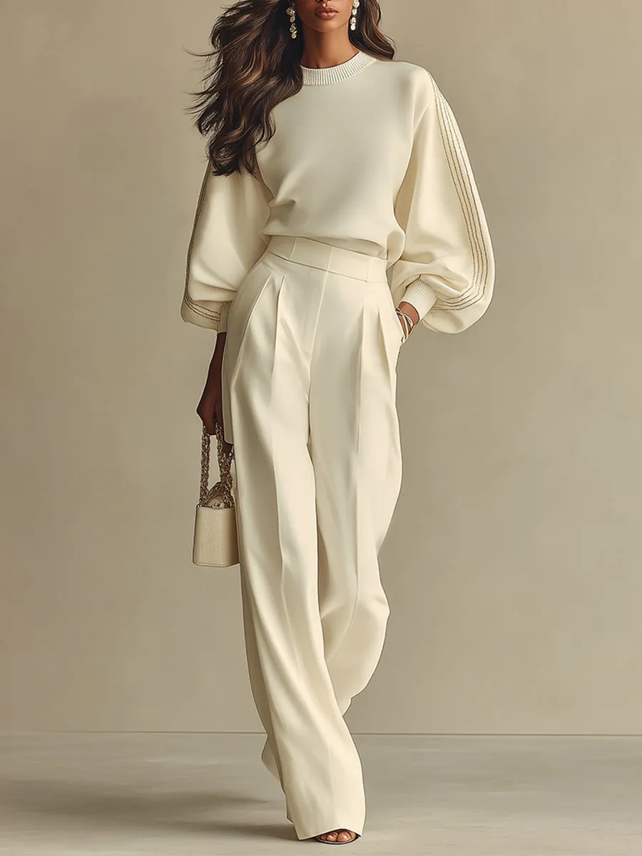 Ivory Textured Set With Ribbed Crew Neck & High-Waisted Bottoms, Modern Sophisticated Style Set