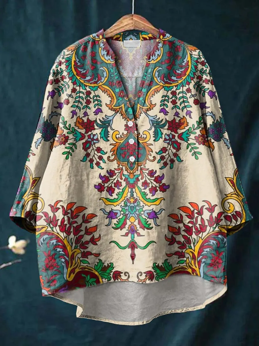 Vintage Floral Art Print Casual Cotton & Linen Shirt