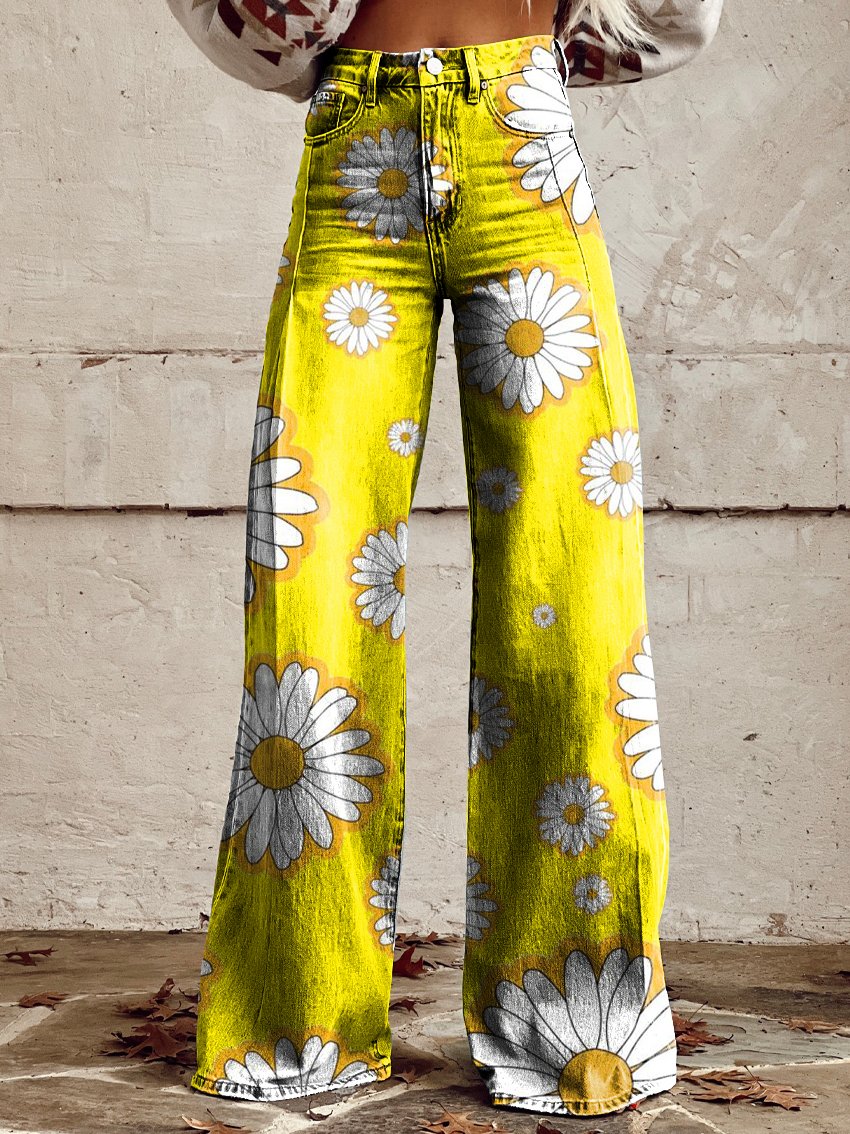 Small Yellow Chrysanthemum Print Women's Print Casual Wide-Leg Pants