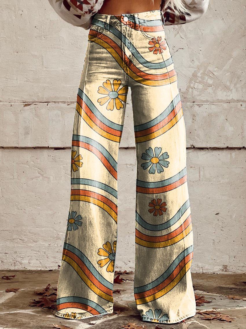 Vintage Daisy Print Wide-Leg Pants