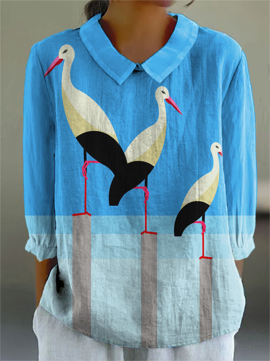 Bright Egret Art Print Casual Cotton & Linen 3/4 Sleeve Shirt