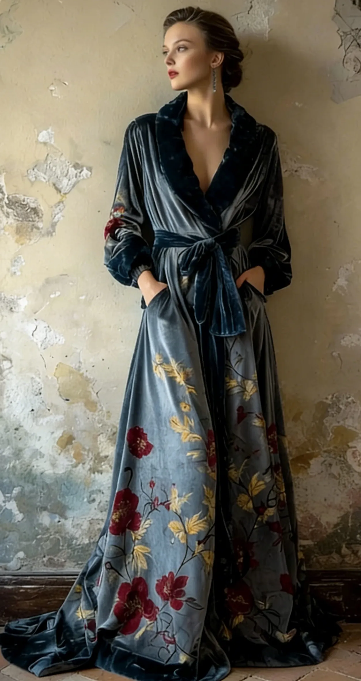 Artistic floral print kimono robe, autumn/winter long robe with sash.