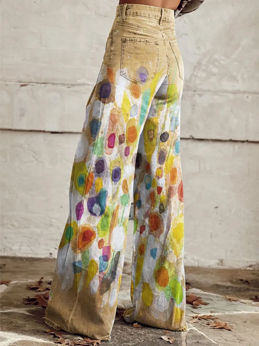 Vintage Print Casual Wide-Leg Pants