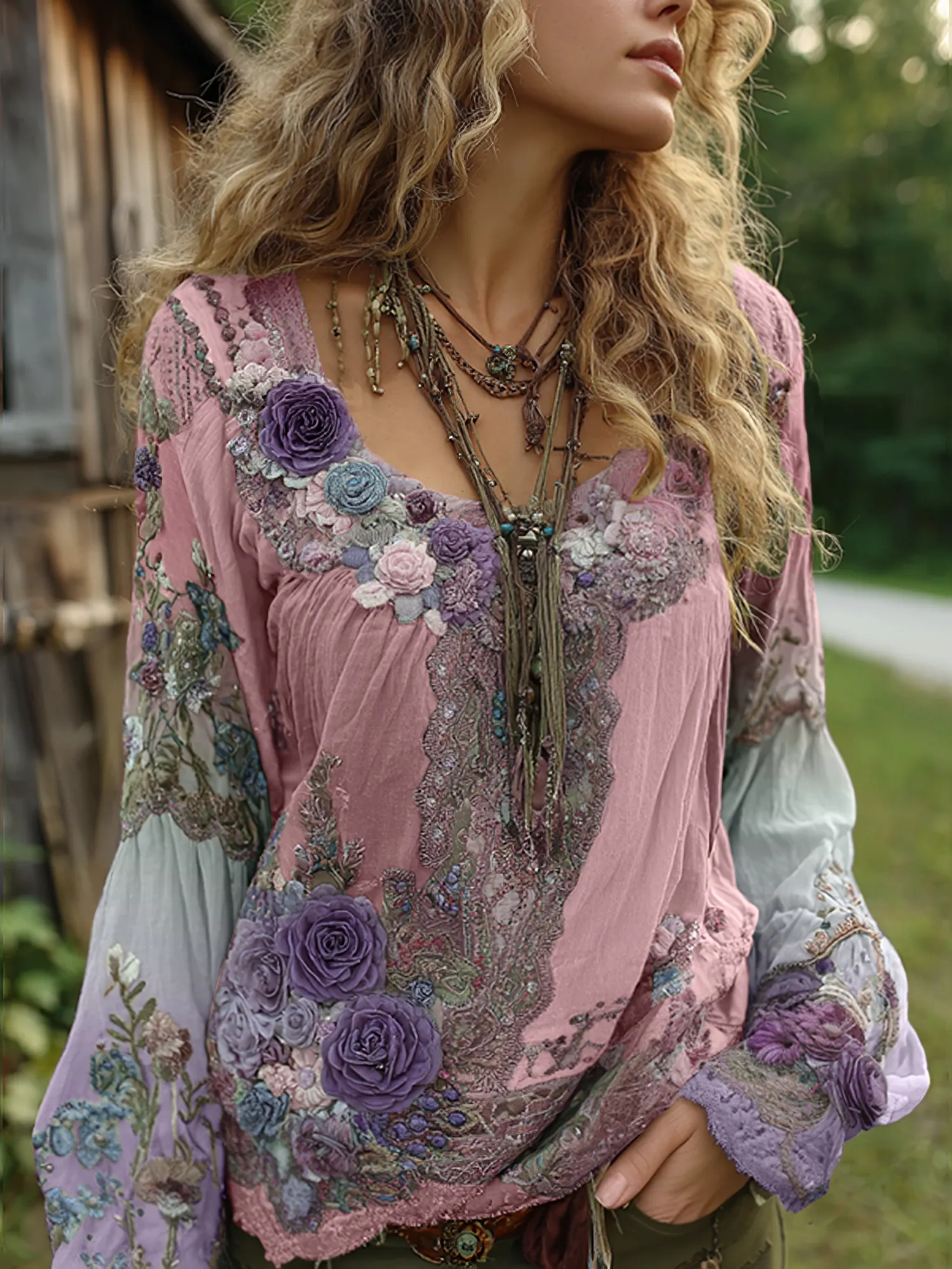 Vintage Purple Lavender And Floral Embroidered Long Sleeve Shirt