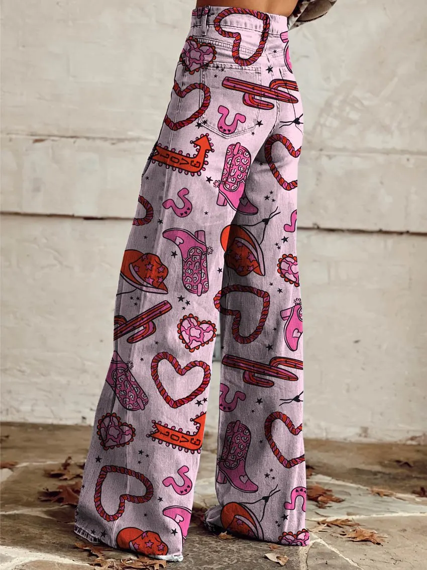 Cowgirl Race Print Casual Wide-Leg Pants