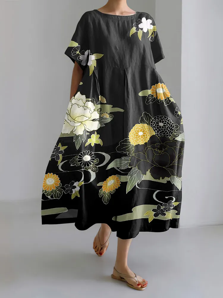 Japanese Art Print Short Sleeve Loose Midi Dress