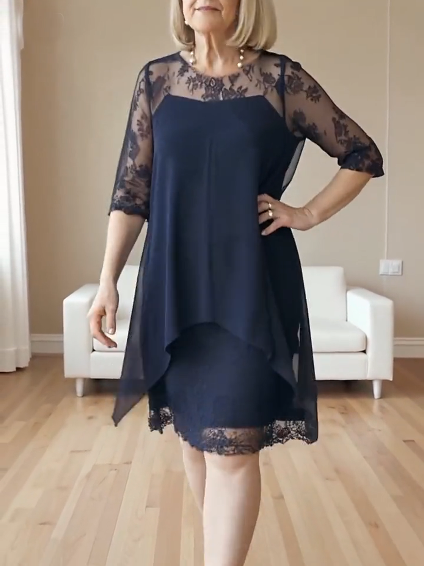 Brown Lace-Trim Layered Midi Dress